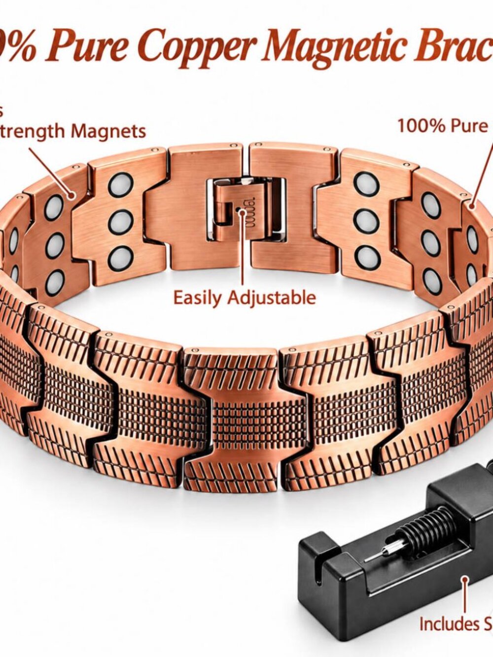 Magnetic Pure Copper Bracelet for Men 3X Magnets Adjustable with Sizing Tool